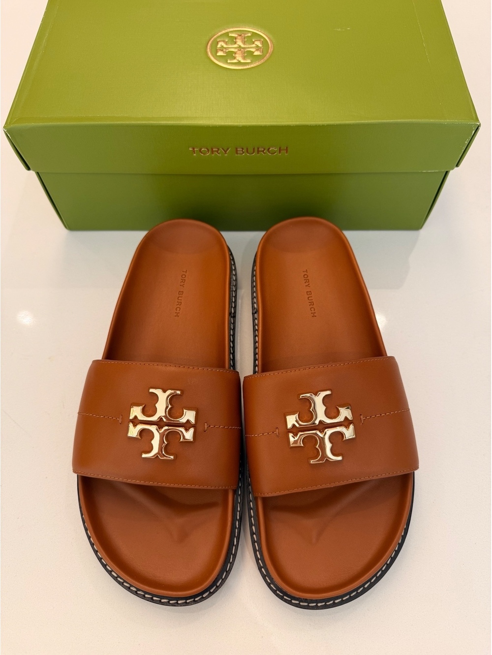 Tory Burch Everly Anatomical Lug Slide Sandals Bourbon Coconut Leather Size 8.5